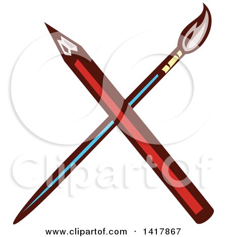 Clipart of a Retro Crossed Red Pencil and Paintbrush - Royalty Free Vector Illustration by patrimonio