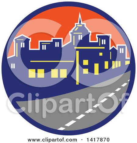 Clipart of a Retro Street and City Skyline in a Blue and Orange Circle - Royalty Free Vector Illustration by patrimonio