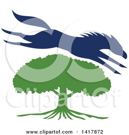 Clipart of a Blue Silhouetted Horse Leaping over a Green Oak Tree - Royalty Free Vector Illustration by patrimonio