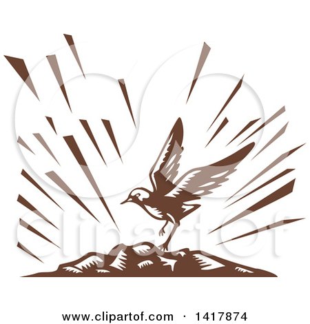 Clipart of a Retro Brown Woodcut Plover Bird Landing on an Island - Royalty Free Vector Illustration by patrimonio