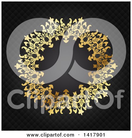Clipart of a Fancy Round Golden Frame on Black Diamonds - Royalty Free Vector Illustration by KJ Pargeter