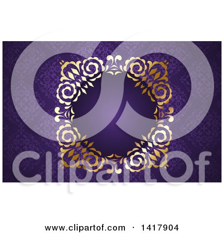 Clipart of a Purple Damask and Gold Business Card or Website Background Design - Royalty Free Vector Illustration by KJ Pargeter
