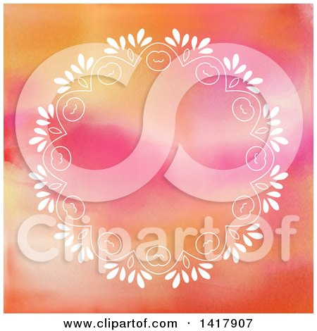 Clipart of a Round Floral Frame over Orange and Pink Watercolor - Royalty Free Vector Illustration by KJ Pargeter