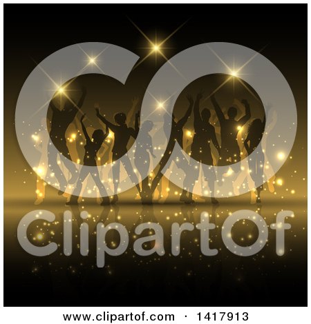 Clipart of a Background of Silhouetted Party People Dancing and Gold Flares - Royalty Free Vector Illustration by KJ Pargeter
