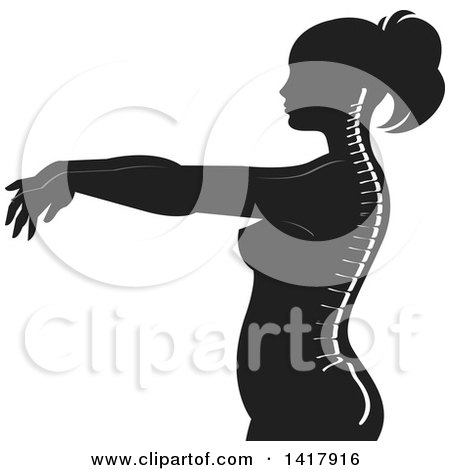 Clipart of a Black and White Silhouetted Woman in Profile, with Visible Spine - Royalty Free Vector Illustration by Lal Perera