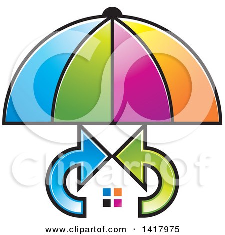 Clipart of a Colorful Umbrella Covering a House with Arrows - Royalty Free Vector Illustration by Lal Perera