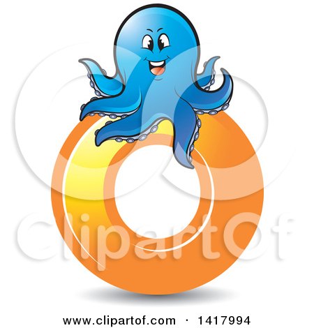 Clipart of a Blue Octopus on an Orange Letter O - Royalty Free Vector Illustration by Lal Perera