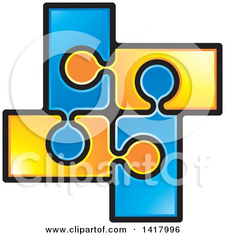 Clipart of a Section of Connected Orange and Blue Jigsaw Puzzle Pieces - Royalty Free Vector Illustration by Lal Perera