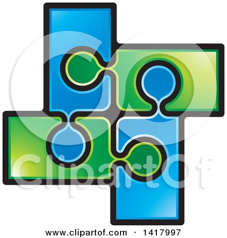 Clipart of a Section of Connected Green and Blue Jigsaw Puzzle Pieces - Royalty Free Vector Illustration by Lal Perera