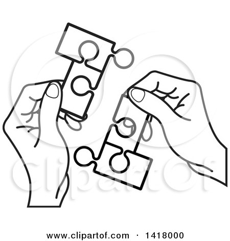 Clipart of Lineart Hands Holding Connected Jigsaw Puzzle Pieces - Royalty Free Vector Illustration by Lal Perera
