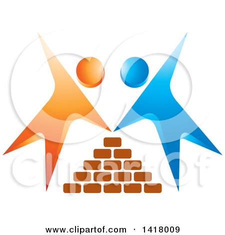 Clipart of Blue and Orange People Building a Brick House - Royalty Free Vector Illustration by Lal Perera