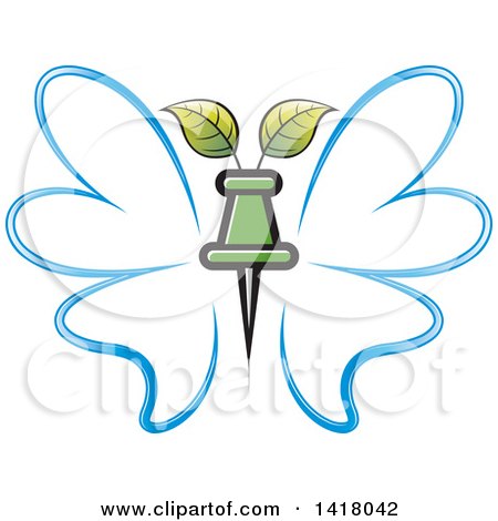 Clipart of a Blue Butterfly with a Pin and Leaves - Royalty Free Vector Illustration by Lal Perera