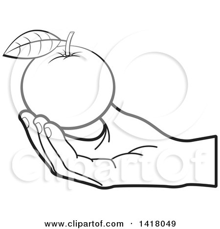 Clipart of a Lineart Hand Holding an Orange - Royalty Free Vector Illustration by Lal Perera