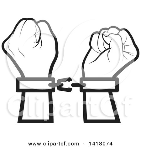 Clipart of a Lineart Cuffed and Fisted Hands Breaking Apart - Royalty Free Vector Illustration by Lal Perera