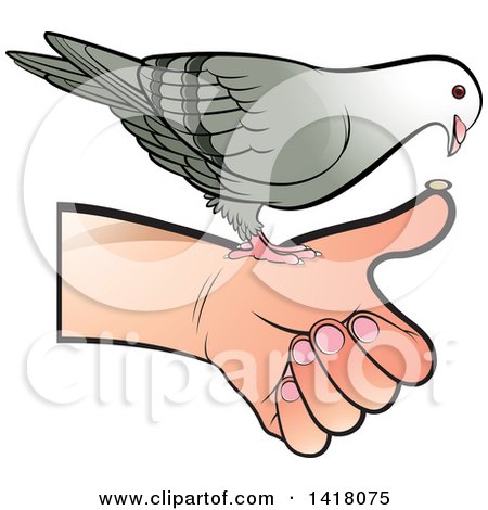 Clipart of a Pigeon Eating from a Hand - Royalty Free Vector Illustration by Lal Perera