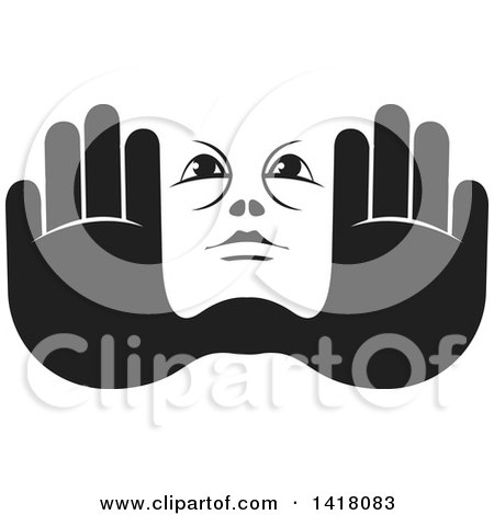 Clipart of a Black and White Face Framed with Hands - Royalty Free Vector Illustration by Lal Perera