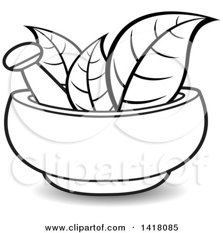 Clipart of a Lineart Mortar and Pestle with Leaves - Royalty Free Vector Illustration by Lal Perera