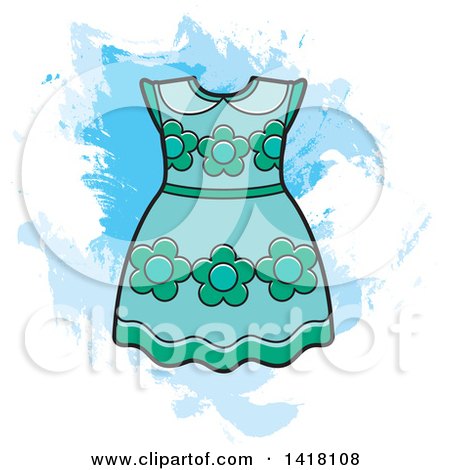Clipart of a Blue Green Floral Frock or Dress over Grunge - Royalty Free Vector Illustration by Lal Perera