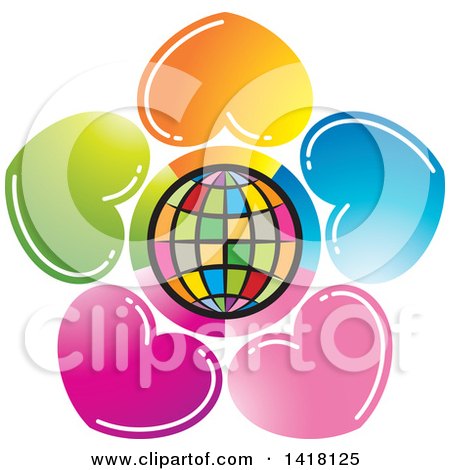 Clipart of a Circle of Colorful Hearts Around a Globe - Royalty Free Vector Illustration by Lal Perera