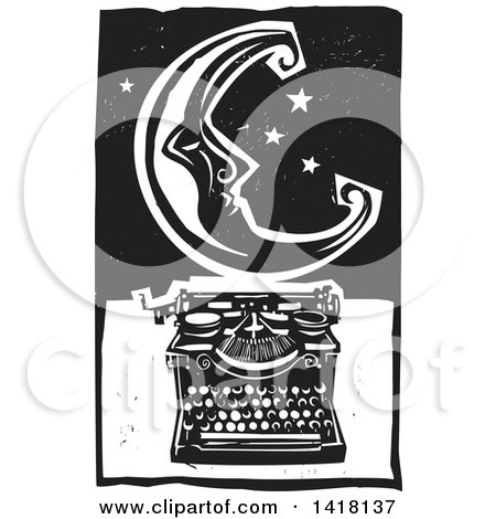Clipart of a Black and White Woodcut Crescent Moon and Stars over a Typewriter - Royalty Free Vector Illustration by xunantunich