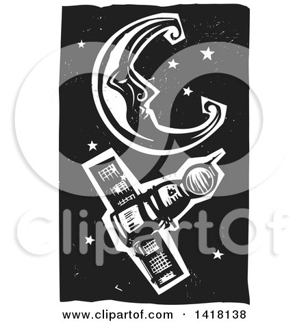 Clipart of a Black and White Woodcut Crescent Moon and Stars with a Russian Space Capsule - Royalty Free Vector Illustration by xunantunich