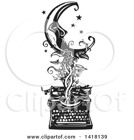 Clipart of a Black and White Woodcut Crescent Moon and Stars over a Typewriter with a Vine - Royalty Free Vector Illustration by xunantunich