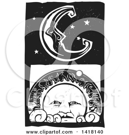 Clipart of a Black and White Woodcut Crescent Moon and Stars over the Sun - Royalty Free Vector Illustration by xunantunich
