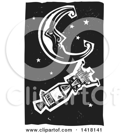 Clipart of a Black and White Woodcut Crescent Moon and Stars with an American Space Capsule - Royalty Free Vector Illustration by xunantunich