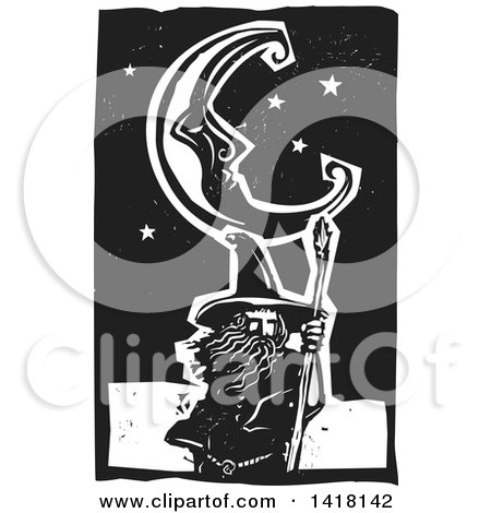 Clipart of a Black and White Woodcut Crescent Moon and Stars over a Wizard - Royalty Free Vector Illustration by xunantunich