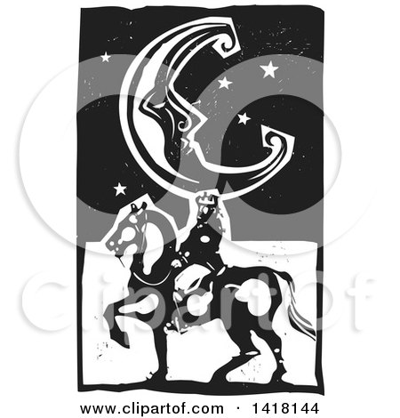 Clipart of a Black and White Woodcut Crescent Moon and Stars over a Horseback King - Royalty Free Vector Illustration by xunantunich