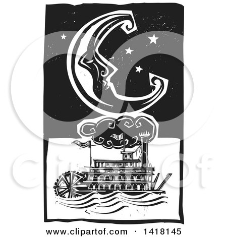 Clipart of a Black and White Woodcut Crescent Moon and Stars over a River Boat - Royalty Free Vector Illustration by xunantunich