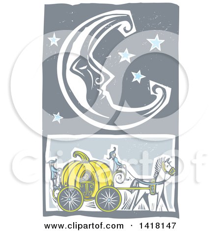 Clipart of a Woodcut Crescent Moon and Stars over a Pumpkin Carriage - Royalty Free Vector Illustration by xunantunich