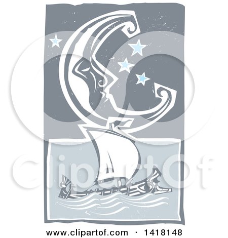 Clipart of a Woodcut Crescent Moon and Stars over a Greek Galley Ship - Royalty Free Vector Illustration by xunantunich