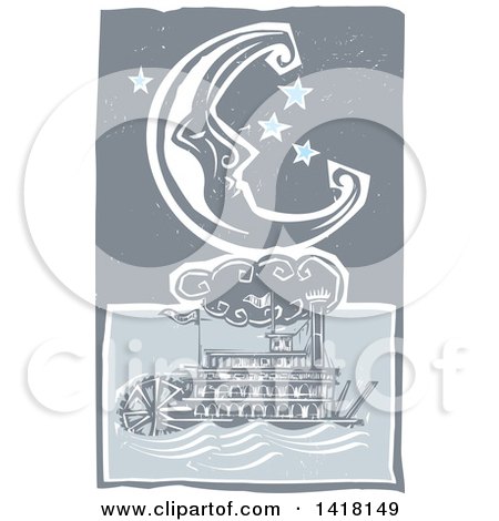 Clipart of a Woodcut Crescent Moon and Stars over a River Boat - Royalty Free Vector Illustration by xunantunich