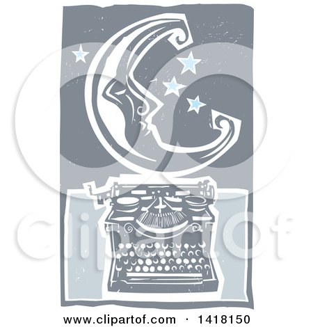Clipart of a Woodcut Crescent Moon and Stars over a Typewriter - Royalty Free Vector Illustration by xunantunich