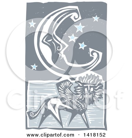 Clipart of a Woodcut Crescent Moon and Stars over a Winged Lion or Griffin - Royalty Free Vector Illustration by xunantunich