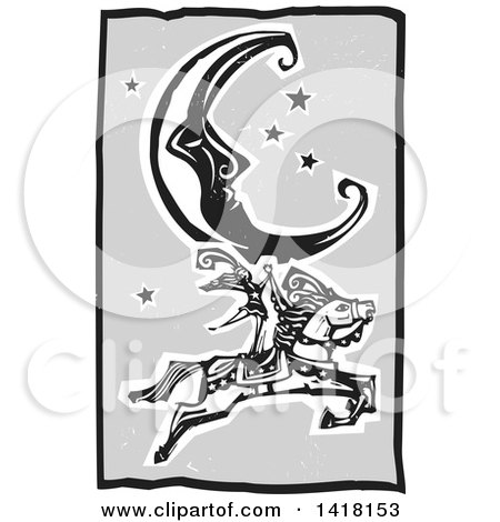 Clipart of a Grayscale Woodcut Crescent Moon and Stars over a Woman Standing on a Leaping Horse in a Circus Act - Royalty Free Vector Illustration by xunantunich