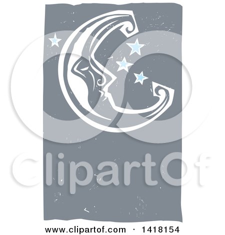 Clipart of a Woodcut Crescent Moon and Stars - Royalty Free Vector Illustration by xunantunich