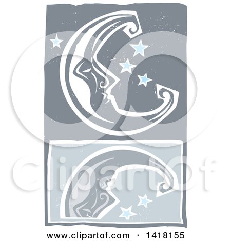Clipart of a Woodcut Crescent Moon and Stars with a Reflection - Royalty Free Vector Illustration by xunantunich