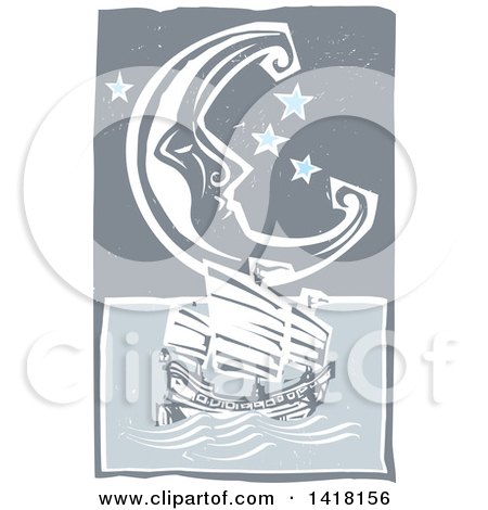 Clipart of a Woodcut Crescent Moon and Stars over a Chinese Junk Ship at Sea - Royalty Free Vector Illustration by xunantunich