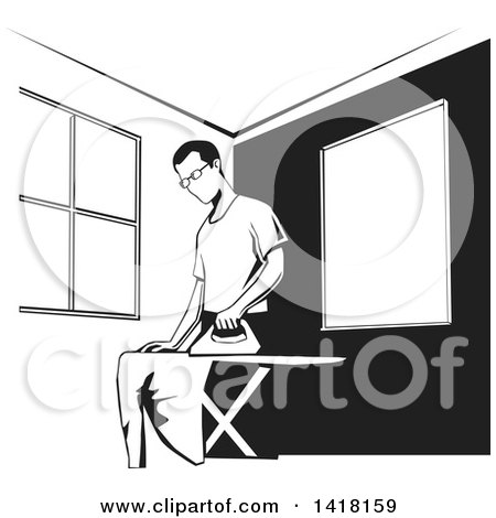 Clipart of a Black and White Man Ironing Clothes - Royalty Free Vector Illustration by David Rey