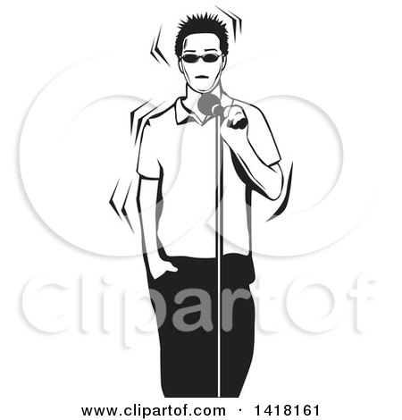 Clipart of a Black and White Nervous Man Singing or Talking into a Microphone - Royalty Free Vector Illustration by David Rey