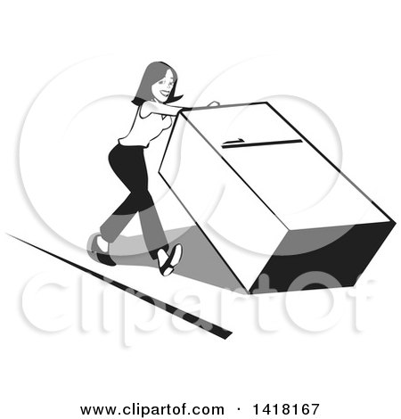 Clipart of a Black and White Woman Pushing a Fridge - Royalty Free Vector Illustration by David Rey
