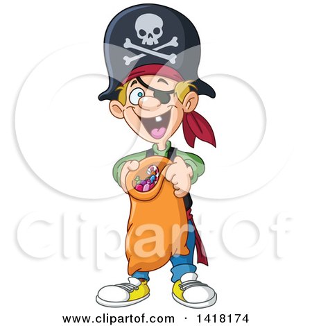 Clipart of a Happy Boy Trick or Treating in a Pirate Halloween Costume - Royalty Free Vector Illustration by yayayoyo