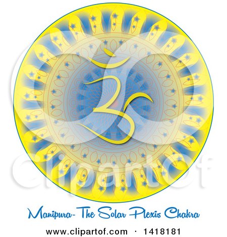 Clipart of a Solar Plexus Manipura Chakra Symbol on a Yellow and Blue Mandala over Text - Royalty Free Vector Illustration by Pams Clipart