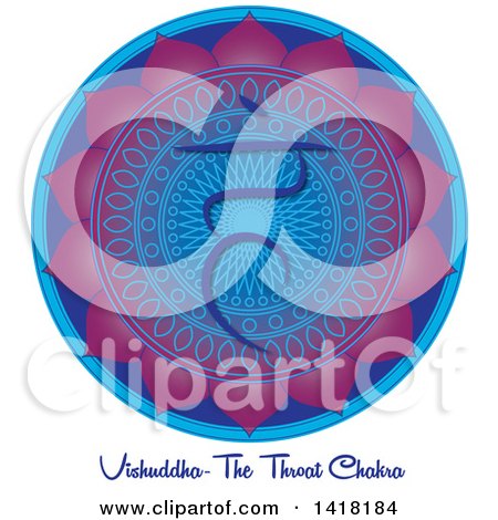 Clipart of a Throat Vishuddha Chakra Symbol on a Blue and Purple Mandala over Text - Royalty Free Vector Illustration by Pams Clipart