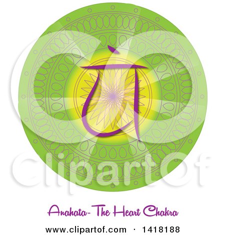 Clipart of a Heart Chakra Anahata Symbol on a Green Mandala over Text - Royalty Free Vector Illustration by Pams Clipart