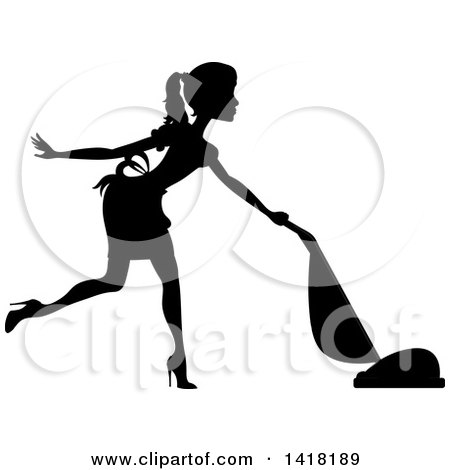 Clipart of a Black Silhouetted Female Maid with a Pony Tail, Vacuuming - Royalty Free Vector Illustration by Pams Clipart