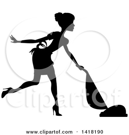 Clipart of a Black Silhouetted Female Maid with Her Hair in a Bun, Vacuuming - Royalty Free Vector Illustration by Pams Clipart