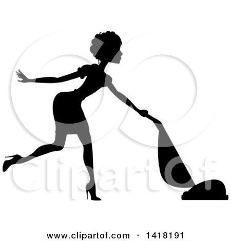 Clipart of a Black Silhouetted Female Maid with Short Hair, Vacuuming - Royalty Free Vector Illustration by Pams Clipart